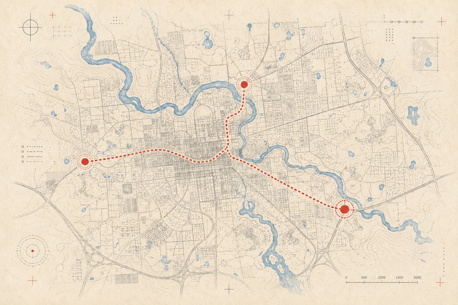 Abstract technical map of Ann Arbor with a red route connecting three operational nodes